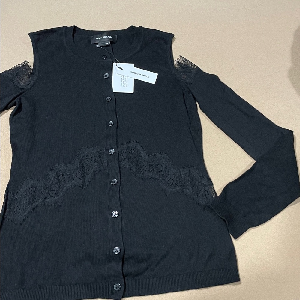 NWT Yigal Azrouel Black Knit Cardigan cashmere/silk  lace front and shoulders S